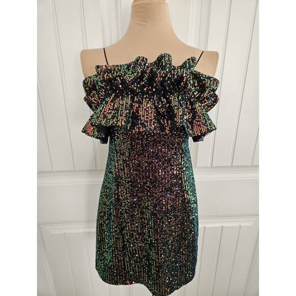 thirty thirty Sequin & Ruffle Mini Dress Iridescent Prom Club Concert Party L M - Picture 1 of 11